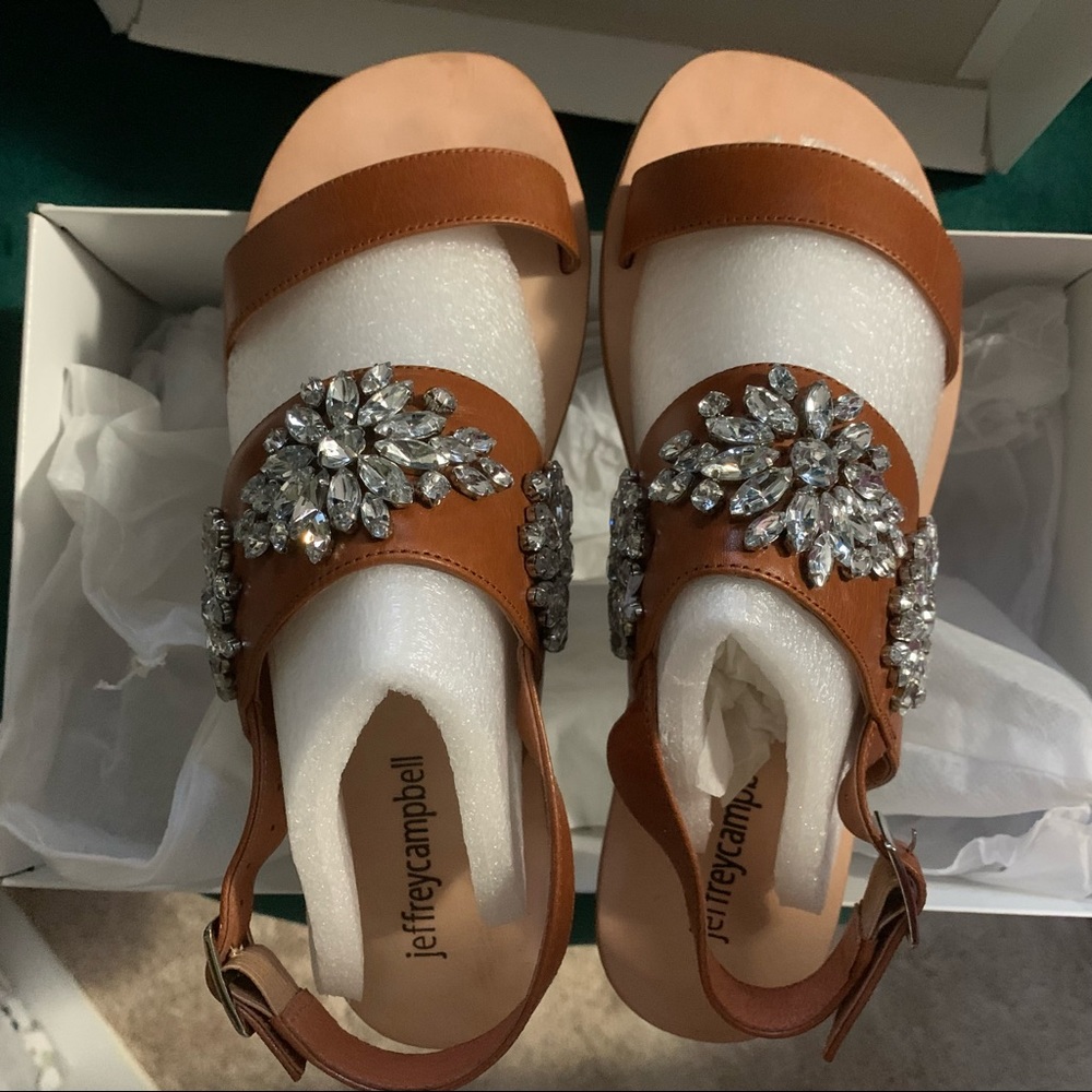 Jeffrey Campbell Dola Jeweled Flat Tan Sandals size 8.5